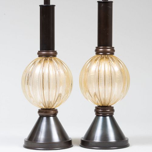 Pair of Barovier & Toso Murano Glass and Patinated Metal Table Lamps