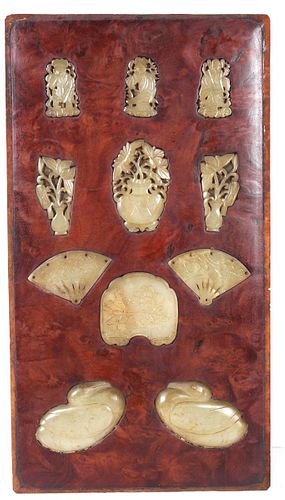 Chinese Wood Panel w Applied Jade Ornaments