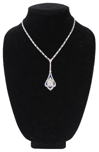 French Diamond Sapphire Art Deco Necklace
