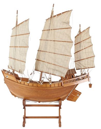 Impressive Carved Wooden Junk Model Ship w Sails