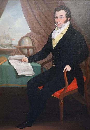 PORTRAIT OF MERCHANT ON SHIP WITH GLOBE & MAP OIL PAINTING