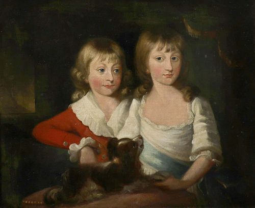 PORTRAIT OF TWO CHILDREN WITH SPANIEL DOG OIL PAINTING