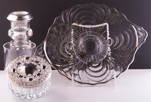 Silver Overlay Glass Items, Three (3)
