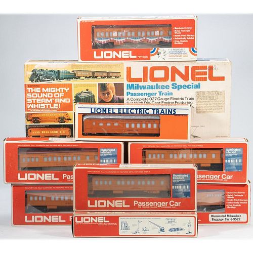 Lionel Milwaukee Special Set and add on cars: 6-1387; 6-9501, 6-9504, 6-9505, 6-9506, 6-9511, 6-9522, 6-9527, 6-19003 all in original boxes