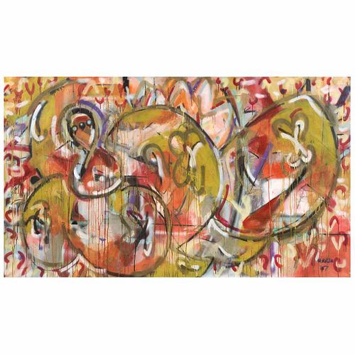 HERMES BERRIO, Orange Red, Firmado y fechado 07 al frente y al reverso, Mixta sobre tela, 123 x 213 cm, Con certificado
