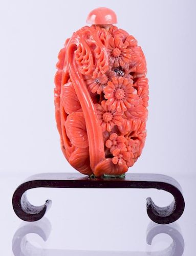 19th C Chinese Carved Coral Snuff Bottle