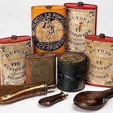 Six Dupont and Hercules gunpowder tins, etc.