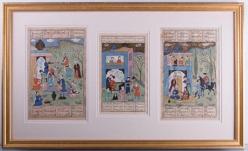 19th C "Shahnameh" Three-Panel Gouache Depiction