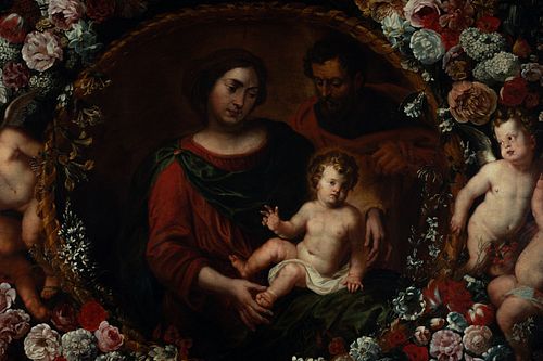 Exceptional Holy Family with flower garland, attributed to Gaspar Pieter Verbruggen and possibly Cornelius Schut, flemish school of the 17th century