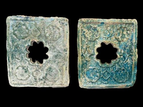 IMPRESSIVE PAIR OF 12TH CENTURY KASHAN POLYCHROME TURQUOISE TILES WITH BIRD HOLESEACH