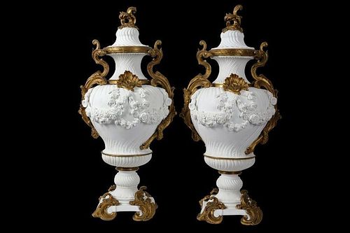 A PAIR OF VERY LARGE 19TH CENTURY SÃˆVRES STYLE BISCUIT  PORCELAIN VASE AND COVERS