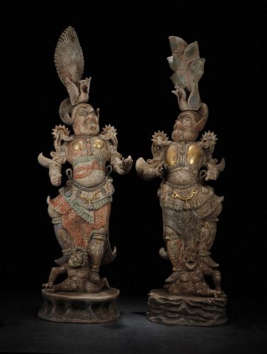 A Pair of Gilt Gold Heavenly King Statues