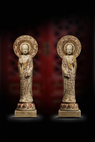 A Group of Two Carved HanBai Jade Buddhist Disciple Statues