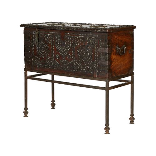 19th c. Studded Hardwood Chest w/ Iron Stand