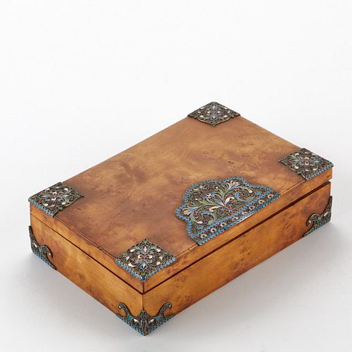 Russian Silver & Enamel Birchwood Cigar Box