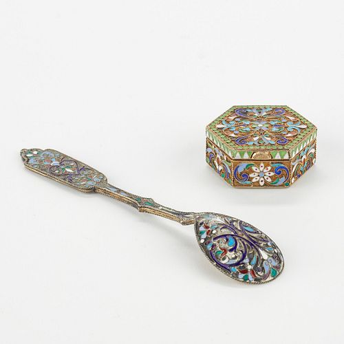 Russian Enameled Silver Spoon & Box