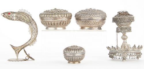 Grp: 5 Silver Pcs Spice Towers and Betel Nut Dishes