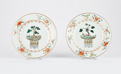 Pr. 18th c. Chinese Porcelain Famille Rose Plates w/ Bonsai Tree