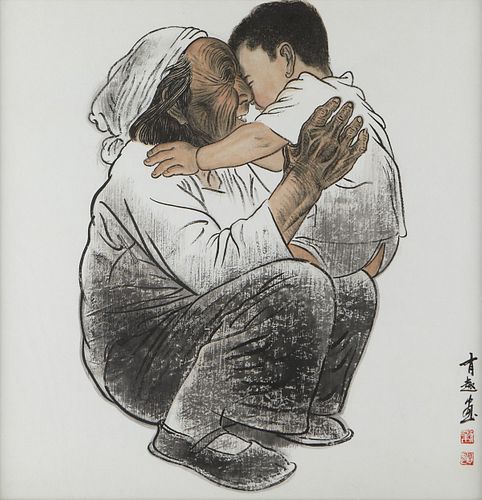 Wang Youzheng Lithograph Grandmother w/ Child