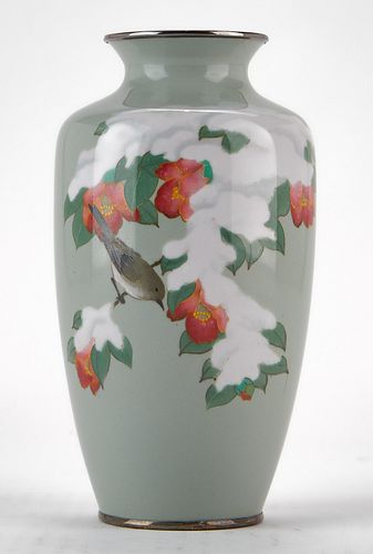Japanese Cloisonne Vase Snow and Bird