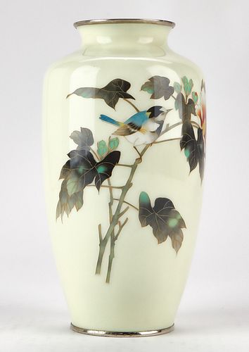 Japanese Cloisonne Vase w/ Leaves and Bird