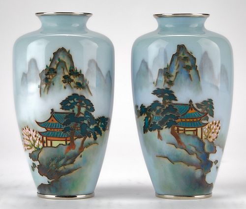 Pair of Japanese Cloisonne Vases w/ Mountain Landscape