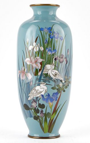Japanese Cloisonne Vase Cranes and Flowers