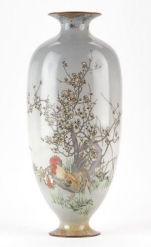 Japanese Cloisonne Vase w/ Rooster & Hen - 18"