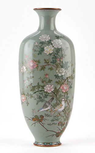 Japanese Meiji Cloisonne Vase w/ Birds & Flowers 14"