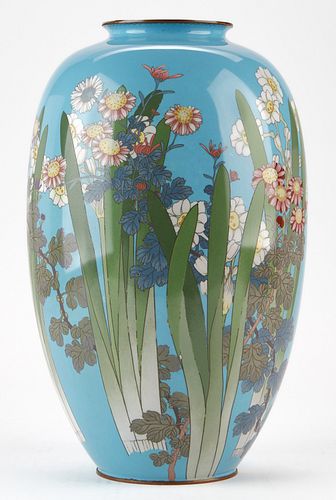 Large Japanese Cloisonne Vase w/ Flowers