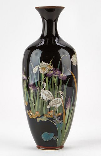 Japanese Cloisonne Vase w/ Cranes & Irises