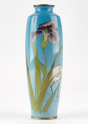 Japanese Cloisonne Vase w/ Iris and Crane