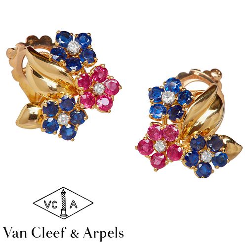 VAN CLEEF & ARPELS, PAIR OF RETRO FLORAL SAPPHIRE,RUBY AND DIAMOND EARRINGS