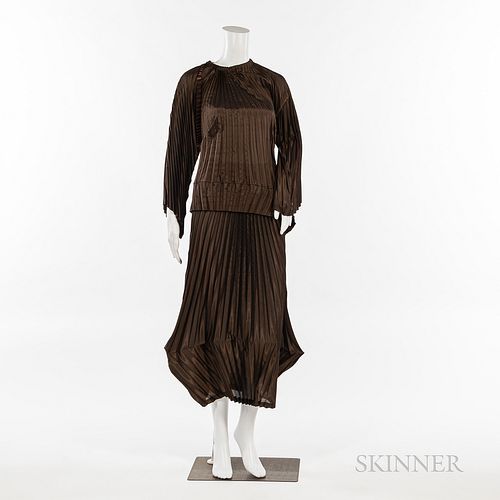 Issey Miyake White Label Brown Polyester Pleated Blouse and Skirt