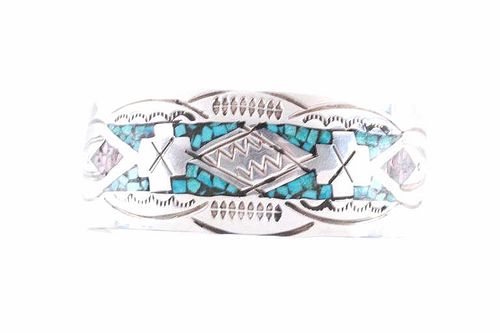 Navajo Sterling Silver Chipped Inlaid Bracelet