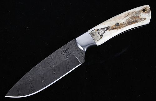 Montana Territory Damascus and Stag Antler Knife