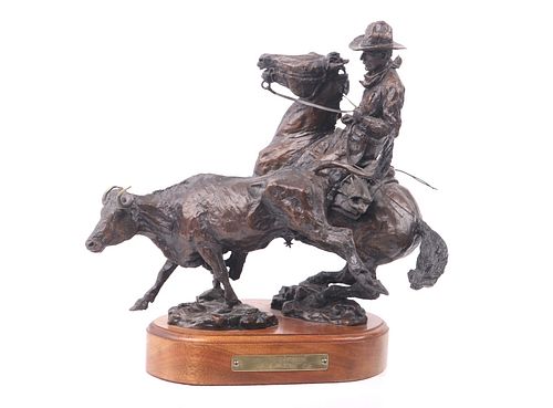 Original Bronze Cowboy & Calf Sculpture by N.R.T.