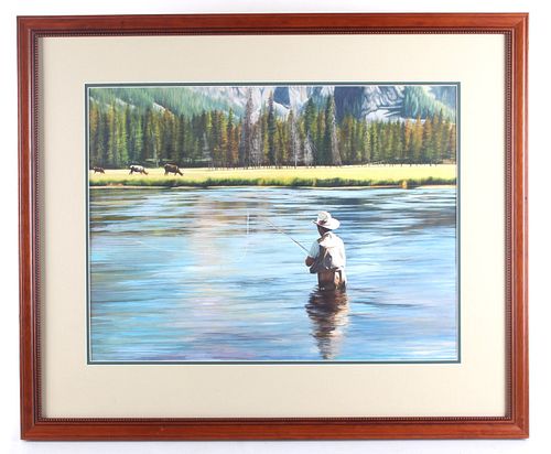 C. Mid 1900's Painting Of Fly Fishing Tetons & Elk