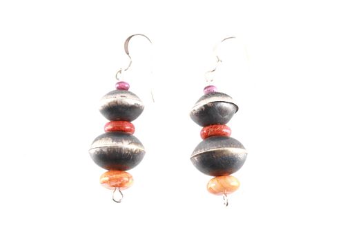 Navajo Sam Begay Silver Coral & Oyster Earrings