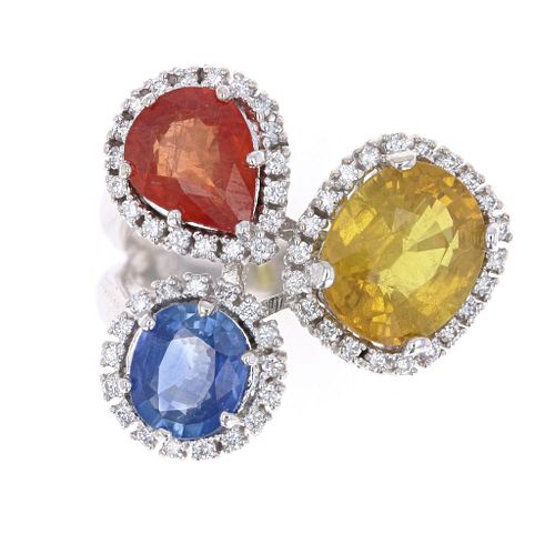 Tri Color Sapphires & Diamond 14k White Gold Ring