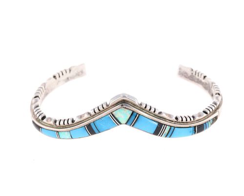 Navajo Micro Mosaic Inlaid Sterling Bracelet