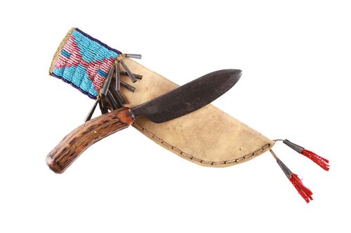Sioux Parfleche Beaded Sheath & Old Trade Knife
