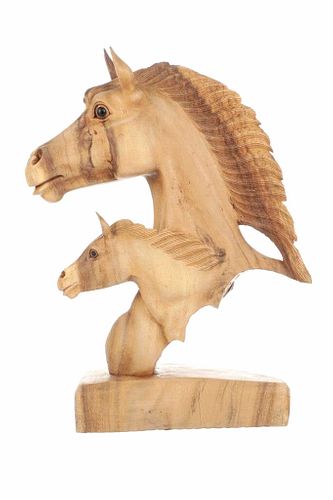 Hand Carved Wooden Mare & Foal Carving c. 1960's