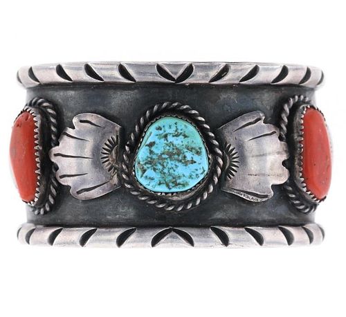 Navajo Old Pawn Heavy Turquoise Coral Bracelet