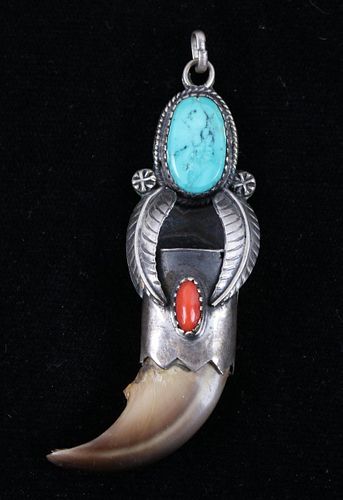 Navajo Bear Claw Turquoise & Coral Pendant