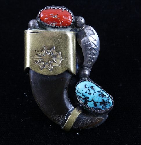 Navajo Sterling Bear Claw Turquoise & Coral Ring