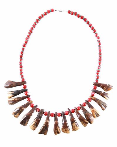 Old Bison Buffalo Teeth Coral & Turquoise Necklace