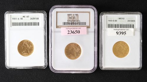 3 United States Liberty Head $5 Gold Coins