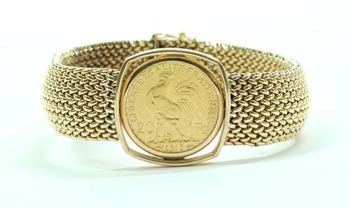 14K Yellow Gold and French 20 Fr Coin Bracelet