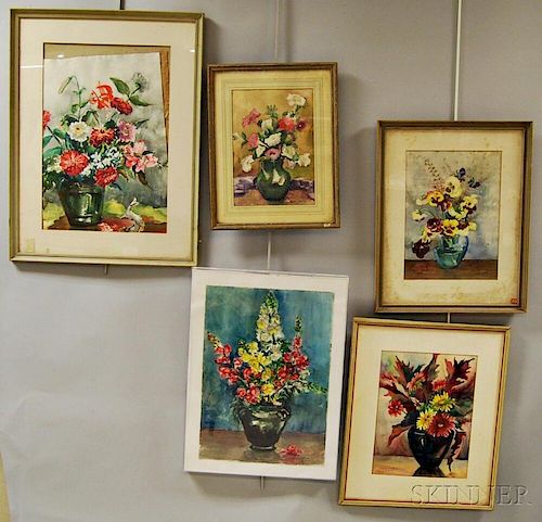 Five Framed Sophie Medalia Floral Watercolors